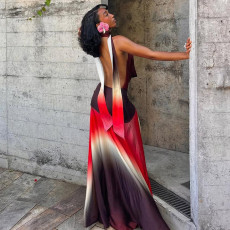 Contrast Color Print Backless Maxi Dress GYME-K25D66166