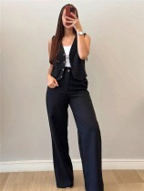 V Neck Sleeveless Blazer Buttons Wide Leg Pants Suit SH-391364