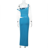 Slant Shoulder Twisted Tie Mesh Patchwork Maxi Dress FL-YL25098PFO