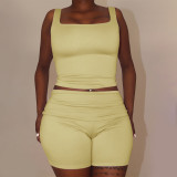 Square Neck Solid Color Two Piece Shorts Set FL-YL25031MHO