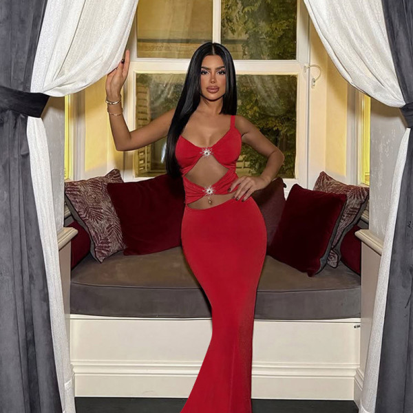 Solid Color Hollow Out Fishtail Dress FL-YJ25183PFO