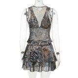 Sexy V Neck Irregular Print Two Piece Skirts Set FL-JY25101MHO