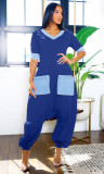 Plus Size V Neck Patchwork Contrast Color Loose Jumpsuit NY-3600