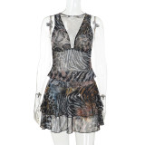 Sexy V Neck Irregular Print Two Piece Skirts Set FL-JY25101MHO