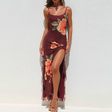 Floral Mesh Flutter Split Maxi Dress FL-XY25008DGO