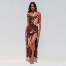 Floral Mesh Flutter Split Maxi Dress FL-XY25008DGO