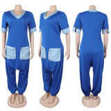 Plus Size V Neck Patchwork Contrast Color Loose Jumpsuit NY-3600