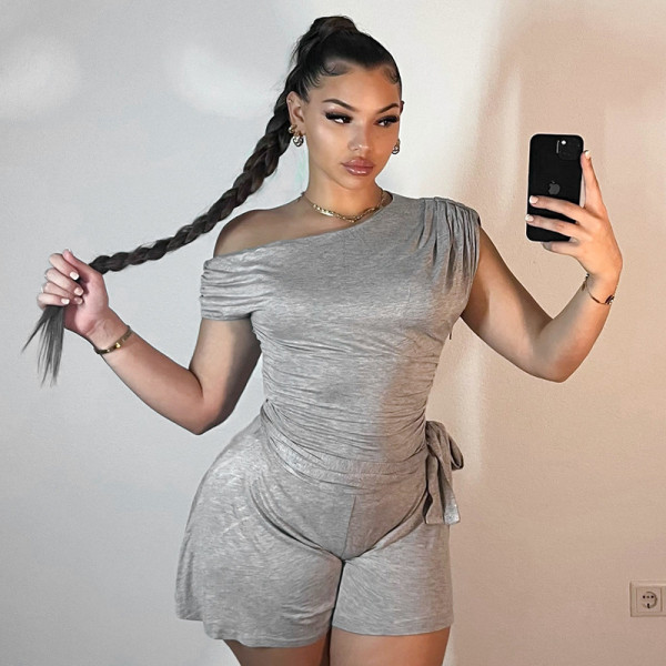 Solid Color Slash Shoulder Tie Up Short Suit GDSF-Q25RP143