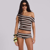 Slash Shoulder Stripe Two Piece Shorts Set XEF-K25S71121