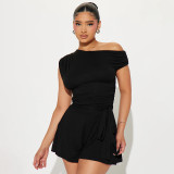 Solid Color Slash Shoulder Tie Up Short Suit GDSF-Q25RP143