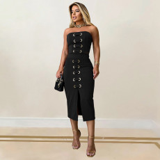 Sexy Solid Tub Top And Split Long Skirt 2 Piece Set BY-7321