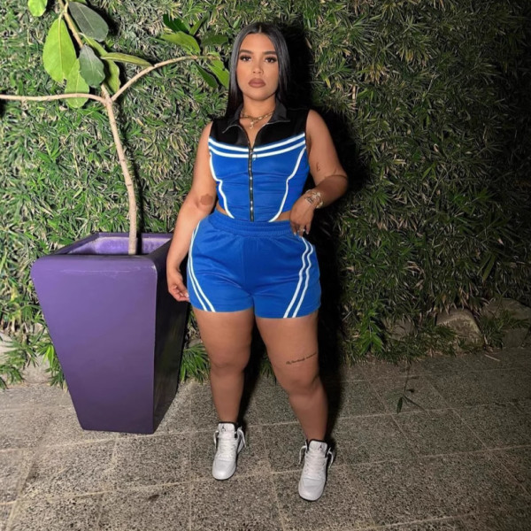 Plus Size Stripe Patchwork Contrast Color Sport Shorts Suit NY-3623