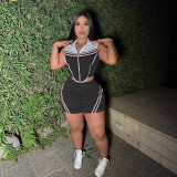 Plus Size Stripe Patchwork Contrast Color Sport Shorts Suit NY-3623