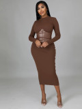 Long Sleeve Patchwork Slim Midi Dress YH-5356