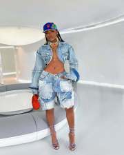 Vintage Washed Denim Long Sleeve Short Suit TR-1332