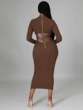Long Sleeve Patchwork Slim Midi Dress YH-5356