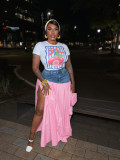 Printed T-shirt Spliced Plaid Split Long Skirt Two-piece Set  SFY-718