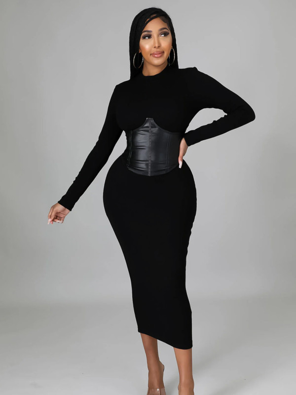 Long Sleeve Patchwork Slim Midi Dress YH-5356