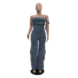 Fashion Wrap Denim Wide Leg Jumpsuit TR-1333