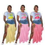Printed T-shirt Spliced Plaid Split Long Skirt Two-piece Set  SFY-718