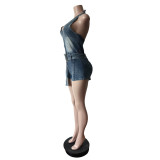 Denim Halterneck Backless Romper MEM-88646