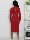 Long Sleeve Patchwork Slim Midi Dress YH-5356