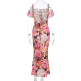 Printed Ruffle Halter Slim Maxi Dress GWSD-D1994523