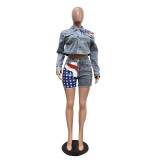 Casual Denim Flag Print Two Piece Shorts Set TR-1321