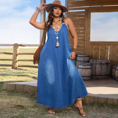 Plus Size Deep V Neck Denim Maxi Dress GDAM-218712