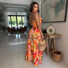 Sexy Print Tie Up Wide Leg Pants 2 Piece Set CYA-901805