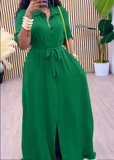Solid Shirt Neck  Tie Up Big Swing Maxi Dress OMY-11078