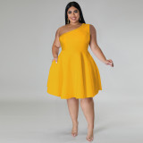 Plus Size Solid Color Slash Shoulder Midi Dress GDAM-218703