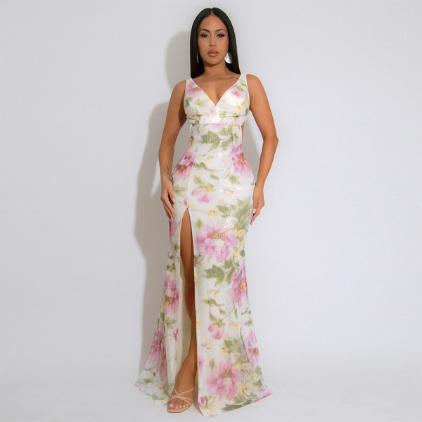 V Neck Backless Print Maxi Dress CYA-901790