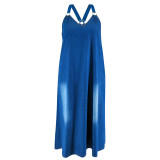Plus Size Deep V Neck Denim Maxi Dress GDAM-218712