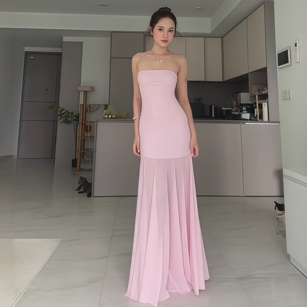 Patchwork Mesh Solid Color Tube Top Dress GWSD-D1994542
