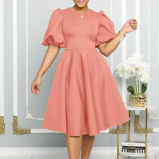 Plus Size Solid Color Lantern Sleeve Midi Dress GCZF-8631