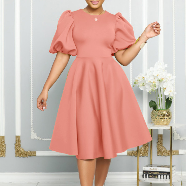 Plus Size Solid Color Lantern Sleeve Midi Dress GCZF-8631