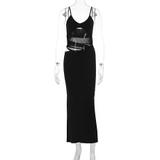 Patchwork Mesh Backless Maxi Dress GWSD-D1994480