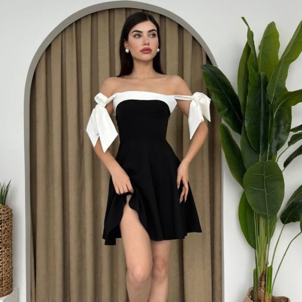 Patchwork Tie Up Square Neck Mini Dress GWSD-D1994494