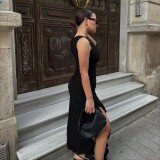 O Neck Sleeveless Ruffles Split Maxi Dress GWSD-D1992141