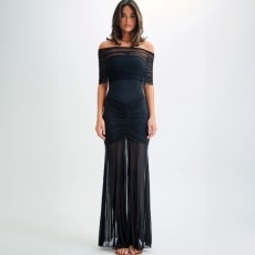 Off Shoulder Pleated Mesh Patchwork Dress 2 Piece Set GWSD-D1993943