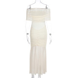 Off Shoulder Pleated Mesh Patchwork Dress 2 Piece Set GWSD-D1993943