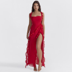 Solid Color Ruffles Patchwork Split Maxi Dress GWSD-D1992300