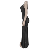 Solid Color Slash Shoulder Maxi Dress BY-7370