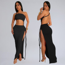 Sexy Solid Color Wrap Chest Backless Maxi Dress BY-7342
