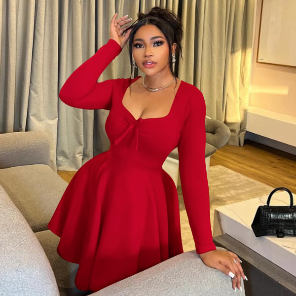 Plus Size Solid Color Long Sleeve Midi Dress NNWF-8087
