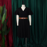 Plus Size V Neck Flare Sleeve Solid Color Midi Dress GMLF-3333