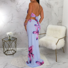 Sexy Print Tie Up Backless Maxi Dress YF-20210