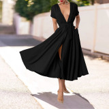 Solid Color V Neck Split Maxi Dress YF-20099
