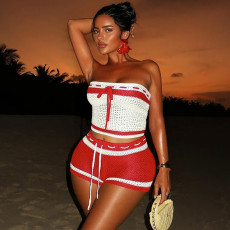 Knits Contrast Color Wrap Chest Two Piece Shorts Set GDSF-D25ST195